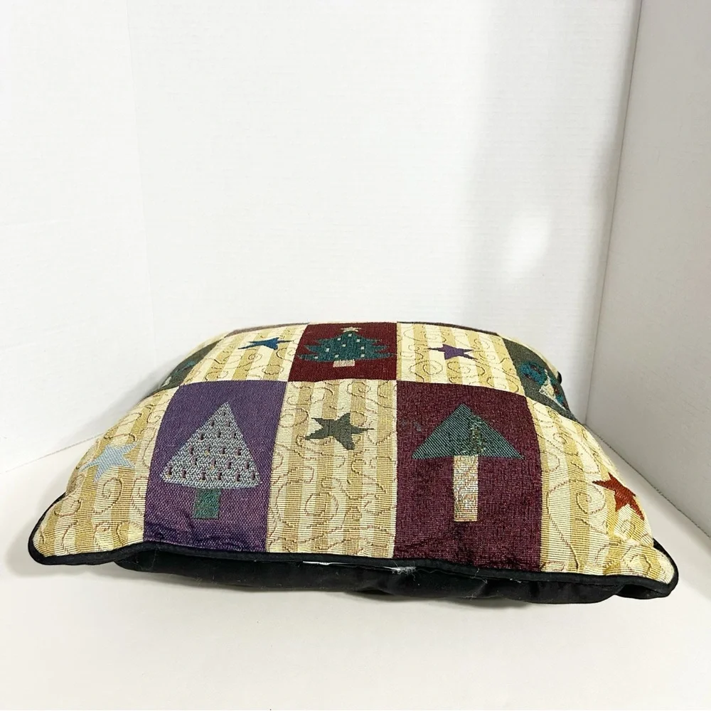 Unbranded Vintage Christmas Tree and Star Tapestry Holiday Pillow with Cord Trim